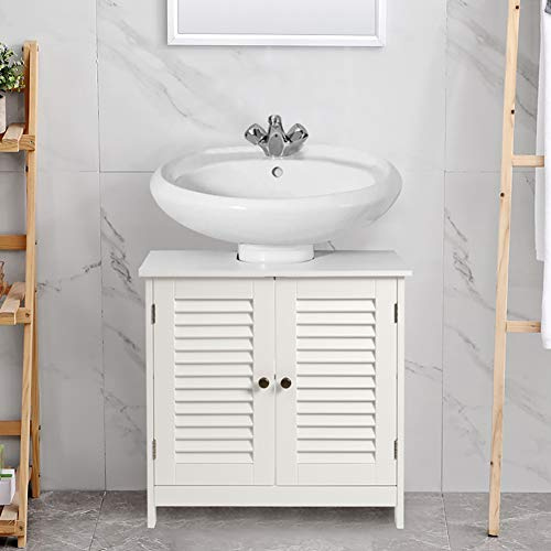 Warmiehomy White Louver Under Sink Bathroom Storage Cabinet with 2 Removable Shelves Wooden Freestanding Bathroom Storage Under Sink Storage Bathroom Cabinet for Kitchen Toilet