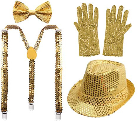 Juego 4 de Tirantes Elásticos Pajaritas Ajustables Guantes y Sombrero de Copa de Lentejuelas Brillantes para Niños Disfraz de Fiesta Carnaval Halloween Navidad