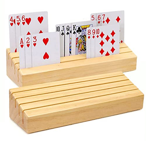 plusvivo Card Holders for Playing Cards Set of 2, Pine Solid Wooden Playing Card Holders for Adults Seniors Kids 9.84 X 3.15 X 2.25 Inch, Uno/ Canasta/ Bridge/ Hand and Foot Card Holder