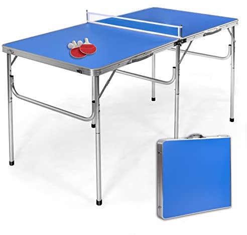 GYMAX Table de Ping-Pong Pliable, 152,4 x 76,2 x 76,2 CM, Mini Table de Tennis avec 2 Balles et 2 Raquettes, Table Portable pour Tennis pour Intérieur et Extérieur (Bleu)
