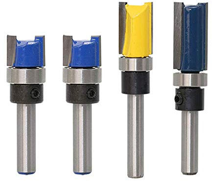 4Pcs 1/4 Shank Flush Trim Router Bits Shank Flush Trim Pattern Template Router Bit Set Woodworking Top Bearing Milling Tools for Wood Hardwood Particleboard MDF