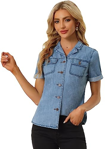 Allegra K Camisa de Mezclilla para Mujer con Cuello de Manga Corta y Bolsillo en el Pecho con Botones Azul Claro L