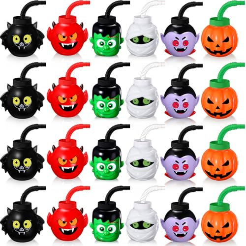 Umigy 24 Pcs Halloween Cup for Kids 10 oz Halloween Reusable Plastic Cup with Lid and Straw Mummy Green Giant Pumpkin Devil Vampire Bat Shapes for Gift Party Favor Supplies