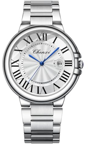 Silverora Herrenuhren Paaruhren Edelstahl Kalender: 3ATM Wasserdicht Dreidimensionale Analoge Quarz Armbanduhr mit Römische Skala Datum Edelstahlarmband Uhr Geschenke für Männer Silber