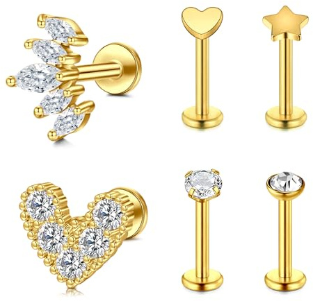 Briana Williams 6 Piezas 16G Tragus Pendientes Acero Inoxidable Labret Studs Labios CZ Rosca Interna Helix Cartílago Piercing Joyas