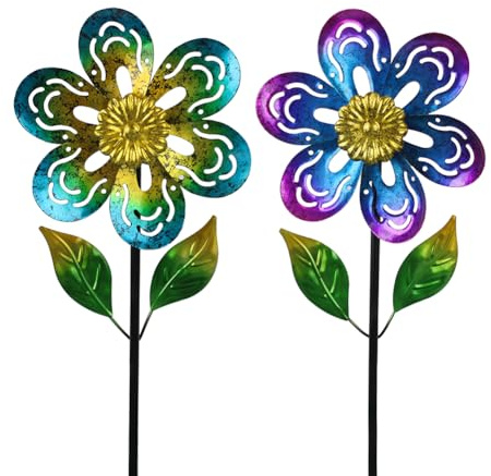Viveta 2 Pack Wind Spinners,Flower Garden Sculpture, Metal Windmill, Green and Purple Pinwheels for Yard Lawn Patio Decor