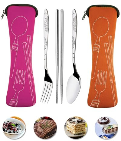 JUKOTA 2 juegos Juego de cubiertos 6 piezas con funda portátil, cubiertos de acero inoxidable, juego de utensilios de camping con bolsa neopreno para viajes al aire libre, picnic, oficina, escuela