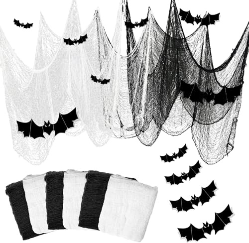 6 Pièces Tissu Halloween, Drap Noir Halloween, Drap Blanc Halloween, Kit Decoration Halloween con Tissus Halloween, Halloween Decoration Chauve Souris, Créez Facilement un Effet D'Halloween Effrayant