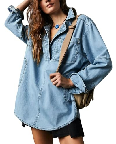 Dam denim pullover ledig knapp v-ringad blus, lös passform långärmad jeansblus med ficka, BLÅ, XL