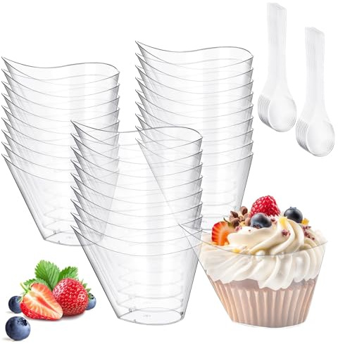 56 Stück Dessertschalen mit 56 Löffeln, 200ml klar, rund & wiederverwendbar | Geschwungen, wiederverwendbar & leicht reinigbar, ideal für Mousse, Pudding & Eis, für Buffet, Fingerfood, Partys & Picknick