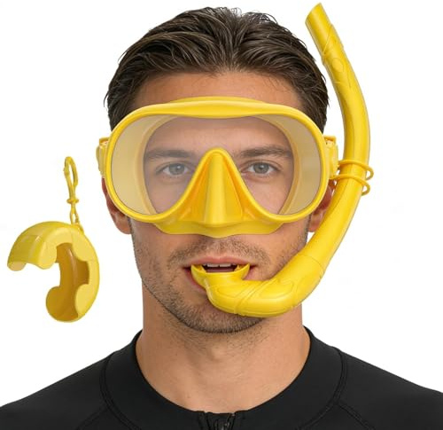 Equipo de snorkel para adultos – Gafas de natación panorámicas | Con correa ajustable, estuche de almacenamiento plegable, set de esnórquel para hombre – para entrenamiento de natación, turismo isleño