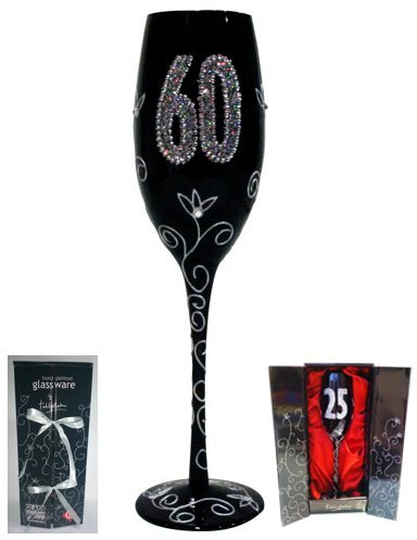 COPA CAVA (CHAMPÁN) PARA REGALO ORIGINAL DE CUMPLEAÑOS, CON LOS NÚMEROS DE LAS EDADES GRABADOS (60 AÑOS NEGRA)