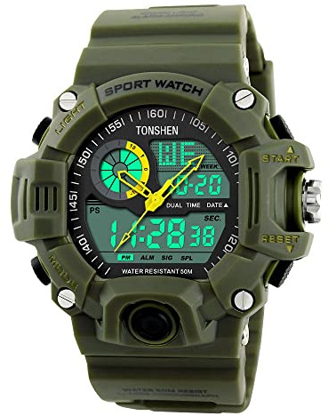 TONSHEN Sportivo Digitale Orologi da Uomini Outdoor LED Elettronico Militare 50M Impermeabile 12h/24h Tempo Dual Time Cronometro Controluce Quarzo Calendario Date Day Orologio da Polso da Uomo