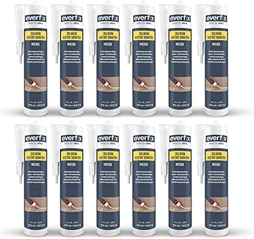 EVERFIX Sanitär Silikon Acetat weiss (310 ml, 12 Stück) für Bad, Dusche und Küche zum Abdichten und Verfugen für außen und innen, schimmelresistent, pilzhemmend, wasserdicht