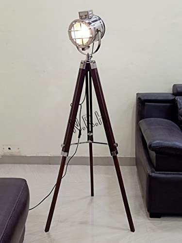 Nautical Replica Hub Industrial Adjustable Tripod Floor Lamp with Wood Tripod Retro Style Spotlights Standing Searchlights Cinema Movie Props-for Living Room Bedroom