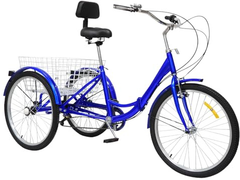 Trehjuling för vuxna seniorer, 24 tum 7 hastigheter 3-hjuls cykel med korg, stadscykel tricycle-viktkapacitet på 120 kg, med hjulstänkskydd och en LED-frontlampa och reflektorer, blå
