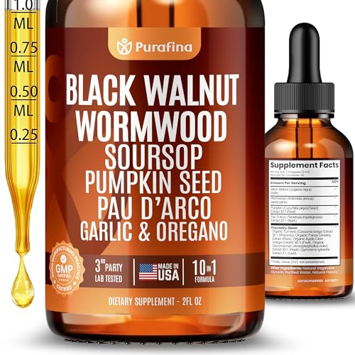 Wormwood Black Walnut Clove Cleanse Liquid Drops with SourSop, Pumpkin Seed, Pau D’Arco, Garlic & Oil of Oregano, Hull Extract Herb Tincture Drops For Humans 98% Absorption Gut Digestive Health (2oz)