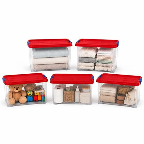 ARTECSIS® 5 x Kunststoffkisten 15L mit Deckel (stapelbar, mittel) rot - Transport & Lagerbox (Gr. M 40 x 29 x 21 cm) - Aufbewahrungsbox & Lagerkiste aus Kunststoff - Ordnungsbox & Transportkiste