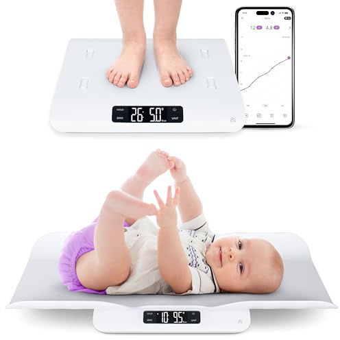 Greater Goods Báscula inteligente para bebés – Báscula digital Bluetooth para recién nacidos y niños pequeños, rastrea automáticamente el crecimiento en la aplicación gG Baby, precisa incluso con