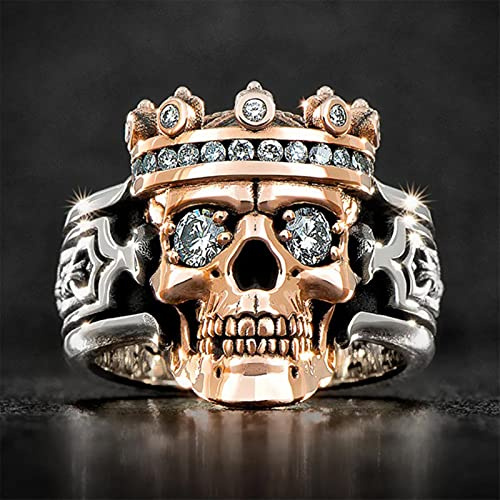 SONGK Vintage 2 Tons Couronne crâne bagues de Cocktail pour Hommes Cristal Blanc Punk Rose Squelette Yeux Anneau Moto Motard Bijoux