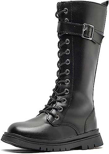 BININBOX Boots Knee High for Kids Toddler Flat Lace Up Zip Round Toe Girl Autumn Winter Shoes Plus Velvet Black UK13