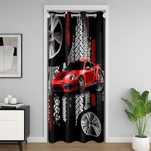 richhome Red Racing Auto Tür Vorhang Sport Speeding Spiel Türvorhang Top Red Black Reifen Tür für Küche Wohnzimmer Schlafzimmer 150x203 Zoll