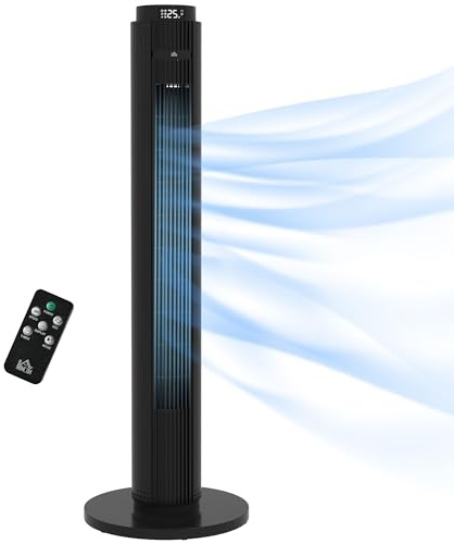 HOMCOM Ventilateur Colonne Silencieux 45 W, Ventilateur Tour pour Chambre à Coucher, 4 Modes, 3 Vitesses, Télécommande, Oscillant 70°, Minuterie 12H, Écran LED et Mode Veille, 96H cm, Noir