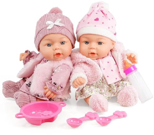 Bibi Doll 10 Realistic Twin Girl Dolls Ella & Emma with Pink Outfits, Feeding Set and Magic Milk Bottle - Soft Vinyl Body - Ideal for Girls and Boys Aged 3 Years and Up