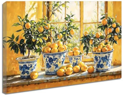 ZQQART Zitronenbild Wandbild Küche Leinwanddrucke gelbe Zitrone mit blauer Keramikmalerei Vintage Obst botanisches Esszimmer Bauernhaus Dekor (Orange,40x60cm)