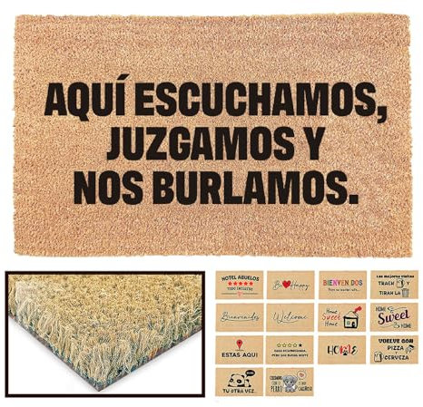 LUCA HOME - Felpudo Entrada casa Original y Divertido de Coco Natural - Felpudo aquí escuchamos 33x60 - Ideal para Puertas de Exteriores Cubiertas, pasillos y entradas de hogares