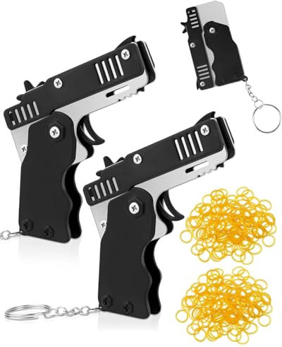 FDCGAS Rubber Launcher, 3pcs Mini Metal Folding Rubber Band Gun 6 Shoots with Keychain and 180 Pcs Rubber Band, Foldable Handmade Toy Gun Mini Metal Rubber