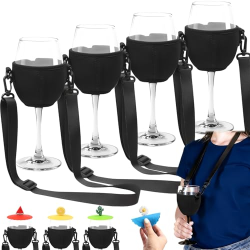 CxutSa 4 Piezas Soportes Copas de Vino Cuello Negro Soporte Portátil para Copas de Vino Colgante Ajustable para Cumpleaños Boda Navidad Fiesta y Picnics