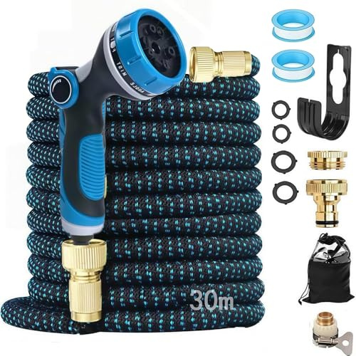 Gartenschlauch Flexibel 30M, Ausziehbare Garten Schlauch Wasserschlauch mit 10 Funktions Gartenbrause, Flexibler Schlauch mit 3/4 Zoll und 1/2 Zoll Verbinder, für Gartenarbeit, Waschen und Gießen