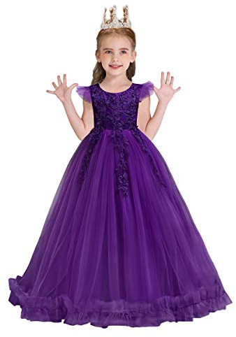 WOCINL Flower Girls Lace Appliques Wedding Dress Princess First Communion Long Tulle Birthday Pageant Party Dance Ball Gown Purple 11-12 Years