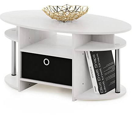 Furinno JAYA Coffee Table, Oval Modern Coffee Table with Shelves and Storage Bin, Side Table, for Living Room, Bedroom, Home Office, White Oak/Stainless Steel