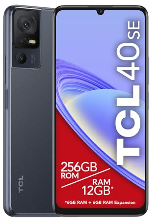 TCL 40SE - Smartphone 4G Grand Écran 6,75” HD+ IPS 90Hz, Son Stéréo, 12Go RAM* + 256Go ROM, Triple Caméra 50Mpxl AI HDR, Batterie 5010mAh, Processeur Helio G37, Android 13, Double SIM, NFC, Gris