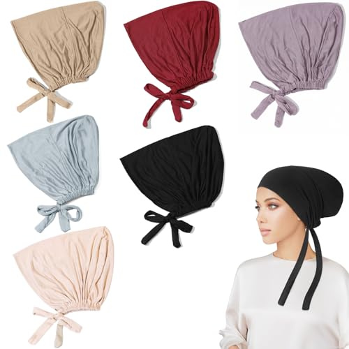 YanBous Set di 6 Sottocapi Hijab per Donne, Fazzoletti Elastici e Traspiranti con Chiusura a Legare, Turbante Musulmano, Abbigliamento Musulmano, Fazzoletti Traspiranti Elastici, Regalo, Set Hijab