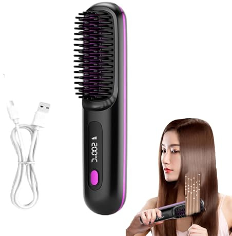 Brusho Hair Pro, 2 en 1 Fer à Lisser à ions Négatifs, Brosse à Lisser Sans fil,Mini Lisseur Portable,Lisseur Chauffant Peigne À Cheveux LoniqueNégative Légère,pour Cheveux Secs,Cheveux Bouclés (Noir)