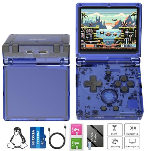 RG35XXSP flip Handheld Game Console RG35XXSP Clamshell Retro Game Console with 64G TF Card Upgrade 64-bit System Portable Gaming Console 3300mAh Battery Supports 5G WiFi Bluetooth HD,TV Output Blue