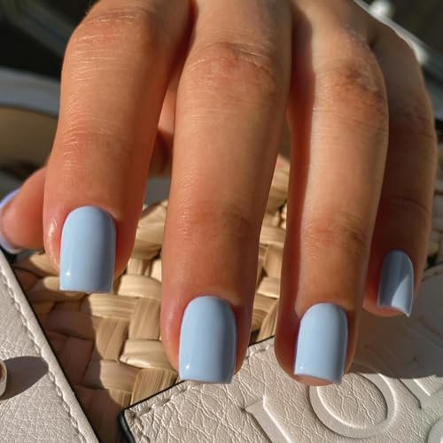 SXVME Light Blue Press on Nails Short Square Acrylic Short False Nails Coffin Natural Acrylic Fake Nails Set Elegant Solid Color Full Cover Glossy Gel Stick on Nail for Women Daily Wear 24 Pcs