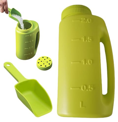 Distribuidor manual de sal de mano, distribuidor de 2 litros de hielo con pala, dispensador de colador de hielo, tamaños de apertura ajustables para fertilizantes y piensos, sal de nieve, Deicer