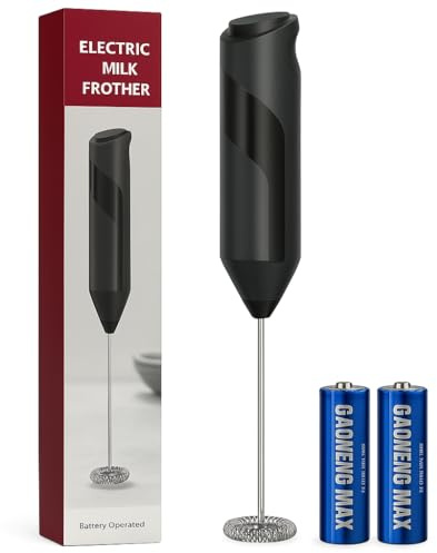 Electric Milk Frother, Battery Operated Handheld Compact Foam Maker with Stainless Steel Whisk for Lattes, Matcha, Protein Shakes, Cappuccino, Coffee Mixer Wand. Black (2 AA Batteries Included)