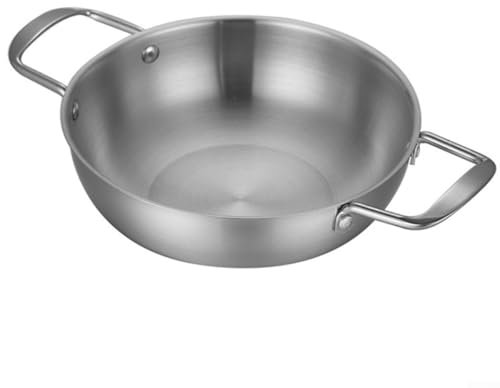 Lecreatekit Padella in acciaio inox con fondo piatto, pentola a fondo piatto con doppi manici da cucina per stufati di paella (argenteo 28 cm)