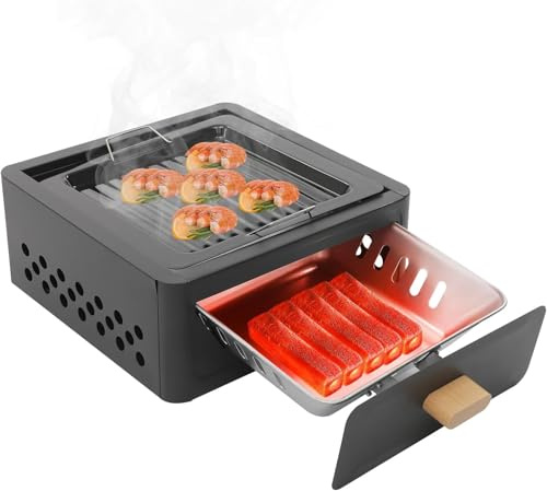 Barbecue portable au charbon de bois – Cuisson en extérieur sans fumée for le camping et les fêtes d'avant-match, barbecue Yakitori, brochettes, tiroir facile à ouvrir, poêle et gril inclus(White)