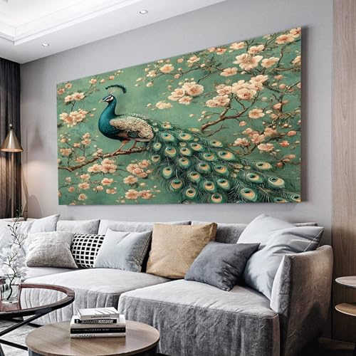 MKBKLI Wandbilder Dekoration Wohnzimmer Tier, Pfau, grüne Blumen 80x160cm | Bilder auf Leinwand Leinwandbild Schlafzimmer Küche Deko Wand Kunstdruck Art Groß XXL Wanddeko Bild Wall Decor Canvas