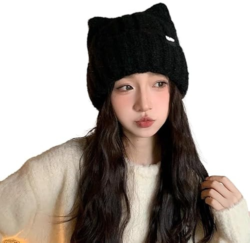 fdsmall Frauen Katze Ohr Mütze Hut, gestrickte Mütze Hut mit Ohren gestrickt Winter warme elastische Kappe Winddichte Mütze Mütze für Outdoor Sport Skifahren Wandern Radfahren (Black)