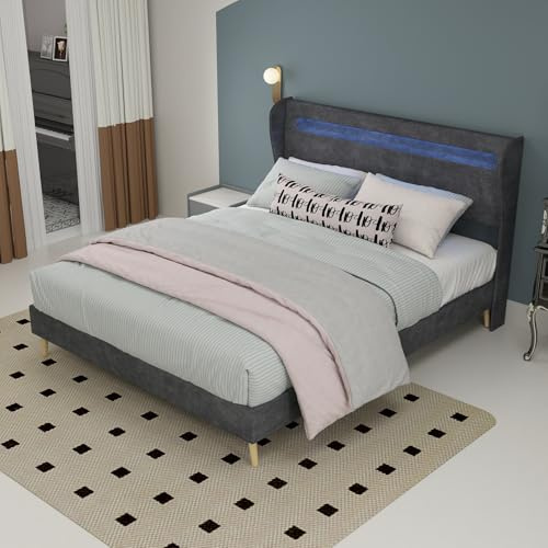 HaoChrymec Letto Imbottito Minimalista con Testiera Morbida e LED Integrato, Design Moderno Multifunzionale, Letto per Camera da Letto e Appartamento, Base Bassa Senza Contenitore, Grigio, 140.200 cm
