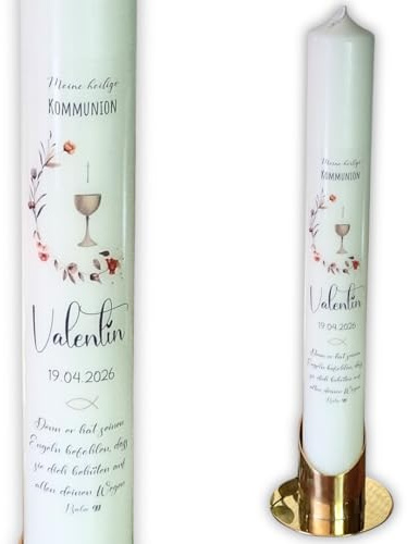 Taufkerze Kommunionkerze Blumen, Kelch, Kreuz, Natur - personalisiert mit Name und Datum | Verschiedene Kerzengrößen | Kommunionkerze für Mädchen und Jungen | Schlicht | Modern