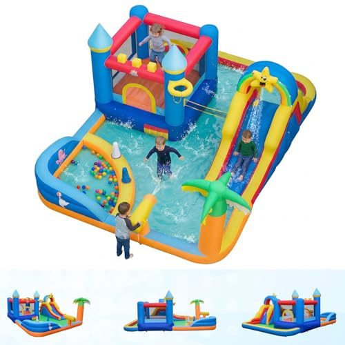 GOPLUS Château Gonflable Exterieur Plage, Toboggan Aquatique avec Piscine à Balles, Pistolet à Eau, Jeu de Lancer, pour Enfants 3 Ans+, sans Souffleur,Charge 90KG (Plage)