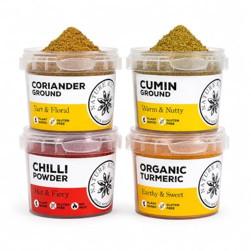 Nature Kitchen 4 Essential Indian Spices Set Curry Seasoning Collection, Gluten Free, Vegan Friendly, Coriander, Cumin, Chilli Powder, Turmeric for Everyday Indian Cooking